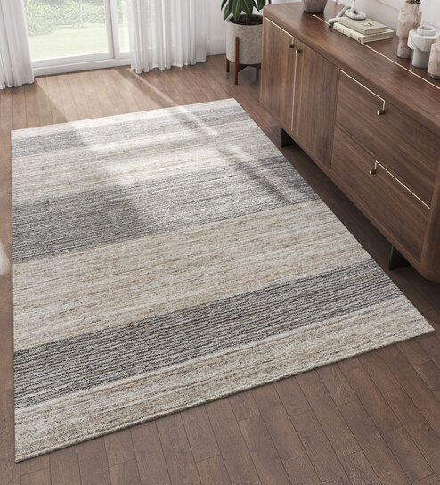 Grey Solid Wool and Viscose 6 ft X 9 ft Hand Woven Carpet