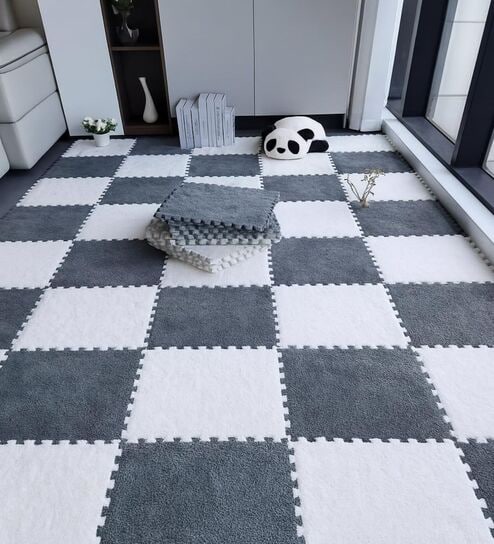 12 Pcs Grey and White Square Plush Puzzle Floor Tiles Kids and Playing Mats