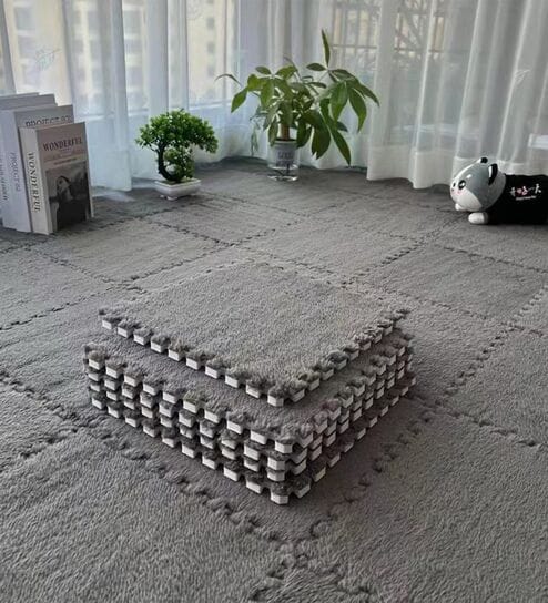 12 Pcs Grey Square Plush Puzzle Floor Tiles Kids and Playing Mats