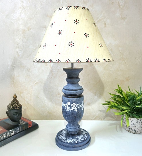 Grey Stone Finish Handpainted and hancarved Distress wooden Table lamp in Vaase handcarved design with handpainted fabric shade