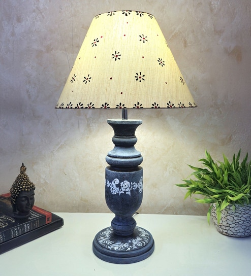 Grey Stone Finish Handpainted and hancarved Distress wooden Table lamp in Vaase handcarved design with handpainted fabric shade