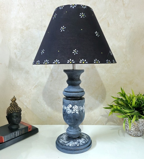 Grey Stone Finish Handpainted and hancarved Distress wooden Table lamp in Vaase handcarved design with handpainted fabric shade