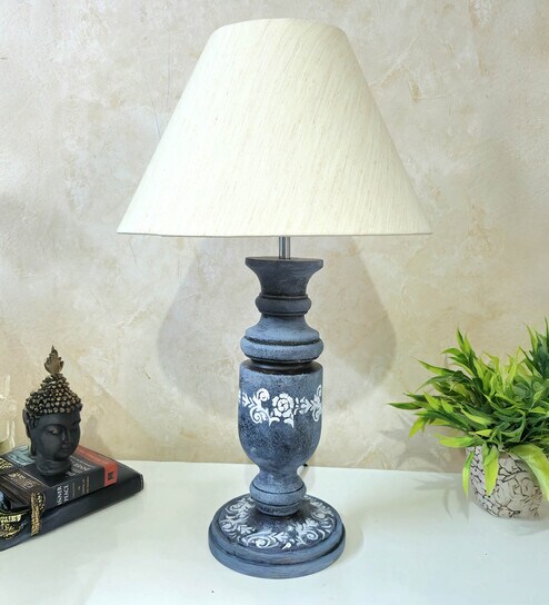 disoo fashions Grey Stone Finish Handpainted and hancarved Distress wooden Table lamp in Vaase handcarved design with handpainted fabric shade-picture-34