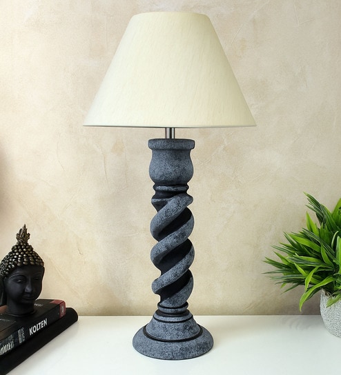 disoo fashions Grey Stone Finish Handpainted and hancarved Distress wooden Table lamp in Vaase handcarved design with handpainted fabric shade-picture-31