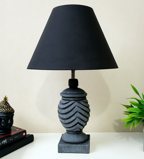 Grey Stone Finish Handpainted and hancarved Distress wooden Table lamp in Vaase handcarved design with handpainted fabric shade