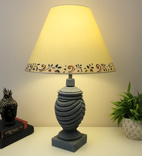 Grey Stone Finish Handpainted and hancarved Distress wooden Table lamp in Vaase handcarved design with handpainted fabric shade