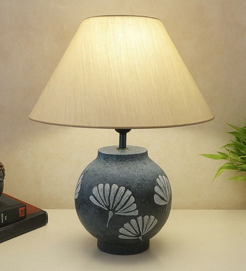 Grey Stone Finish Handpainted and hancarved Distress wooden Table lamp in Vaase handcarved design with handpainted fabric shade