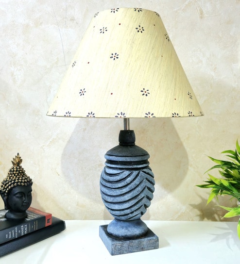 Grey Stone Finish Handpainted and hancarved Distress wooden Table lamp in Vaase handcarved design with handpainted fabric shade