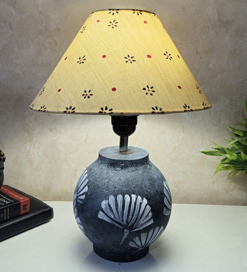 Grey Stone Finish Handpainted and hancarved Distress wooden Table lamp in Vaase handcarved design with handpainted fabric shade