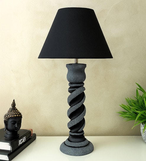 disoo fashions Grey Stone Finish Handpainted and hancarved Distress wooden Table lamp in Vaase handcarved design with handpainted fabric shade-picture-30