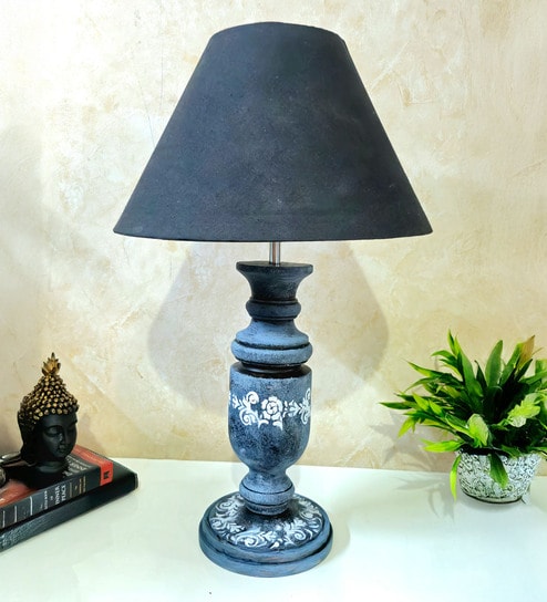 Grey Stone Finish Handpainted and hancarved Distress wooden Table lamp in Vaase handcarved design with handpainted fabric shade