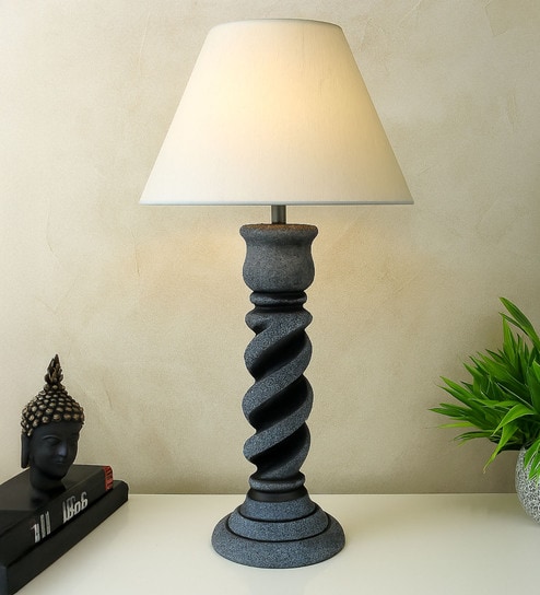 Grey Stone Finish Handpainted and hancarved Distress wooden Table lamp in Vaase handcarved design with handpainted fabric shade