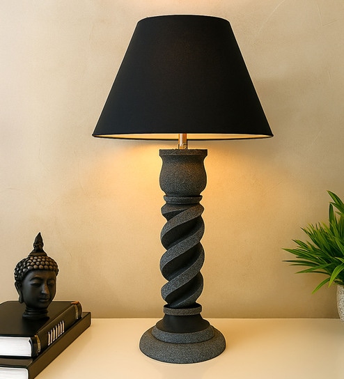 Grey Stone Finish Handpainted and hancarved Distress wooden Table lamp in Vaase handcarved design with handpainted fabric shade