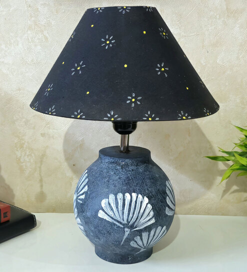 Grey Stone Finish Handpainted and hancarved Distress wooden Table lamp in Vaase handcarved design with handpainted fabric shade-image-13