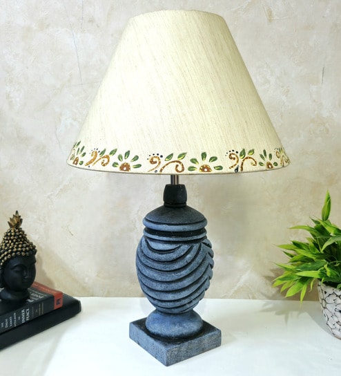 Grey Stone Finish Handpainted and hancarved Distress wooden Table lamp in Vaase handcarved design with handpainted fabric shade