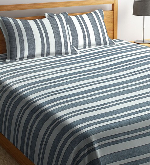 Buy Grey Stripe Cotton Double 300 Tc Bed Cover With 2 Pillow