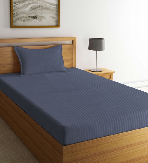 Grey Striped 300 TC Cotton Single Bedsheet with 1 Pillow Cover