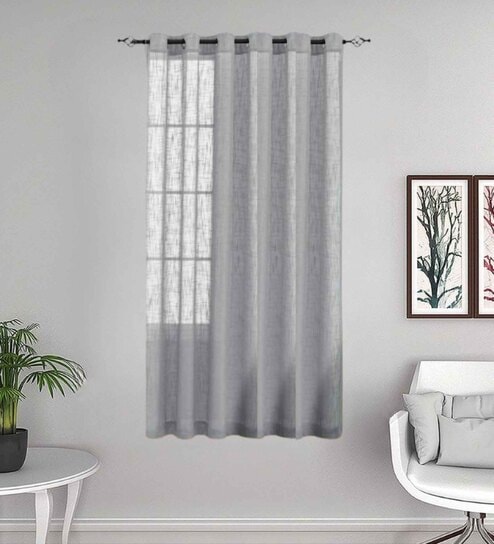 Grey Stripes Linen Stripes 5ft Sheer Eyelet Window Curtain (1 Pc)