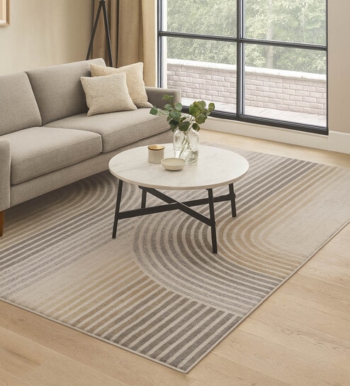 Grey Stripes Polypropylene 7 ft x 5 ft Machine Made Carpet