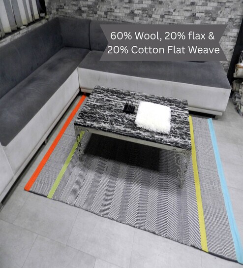 Grey Stripes Wool And Flax And Cotton 8X5 Feet Hand Woven Carpet-image-35
