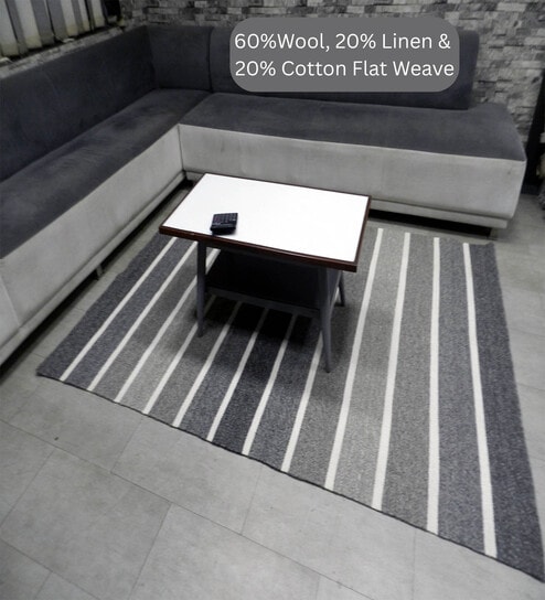 Grey Stripes Wool And Linen And Cotton 8X5 Feet Hand Woven Carpet-image-47