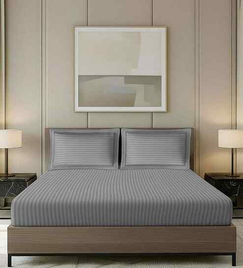 Grey Stripped Pattern With Geometric Embroidery 800 Tc Cotton King Sized Double Bedsheet With 2 Pillow Covers