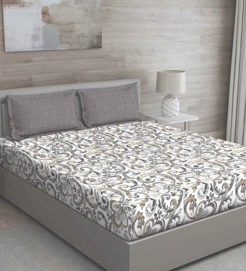 Grey Traditional 144 TC Cotton Queen Sized Bed Sheets with 2 Pillow Covers by GM Fabrics