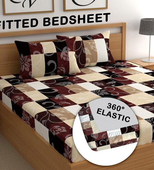 Brown and Beige Geometric 200 TC 100% Cotton Queen Size Fitted Bedsheet with 2 Pillow Covers-image-23