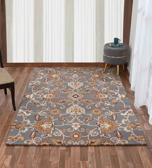 Grey Traditional Wool 6 ft x 9 ft Hand Tufted Carpet
