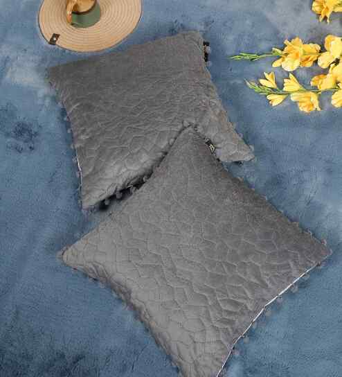 Grey Velvet Abstract 16X16 Inches Cushion Covers (2Pcs)