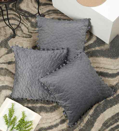 Grey Velvet Abstract 16X16 Inches Cushion Covers (Pack of 3)