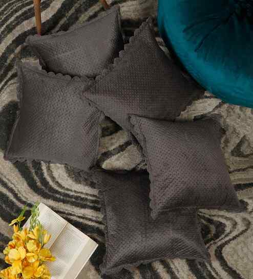 Grey Velvet Abstract 16X16 Inches Cushion Covers (5Pcs)