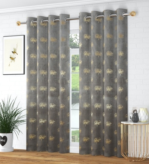 Grey Velvet Abstract 5 Foot Ring Top Window Curtain