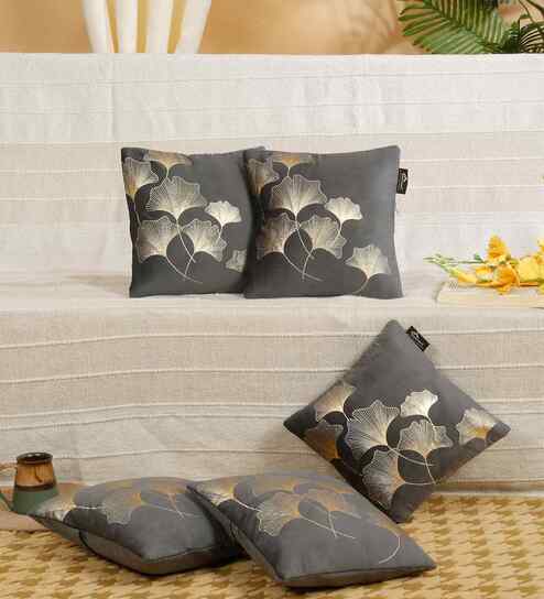 Grey Velvet Floral 12X12 Inches Cushion Covers (Pack of 5)