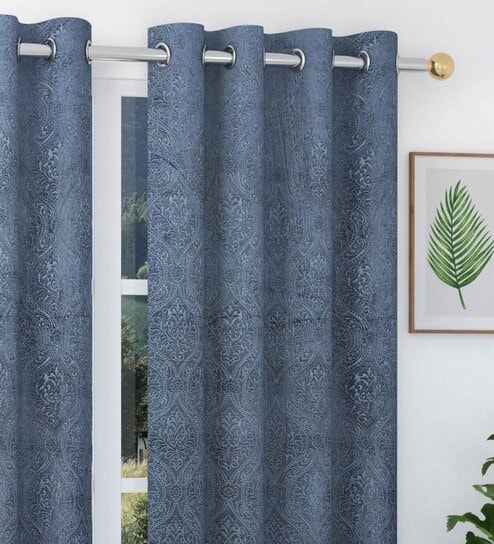 Grey Floral Velvet 8 Ft 80-90% Blackout Eyelet Door Curtains (Set of 2)