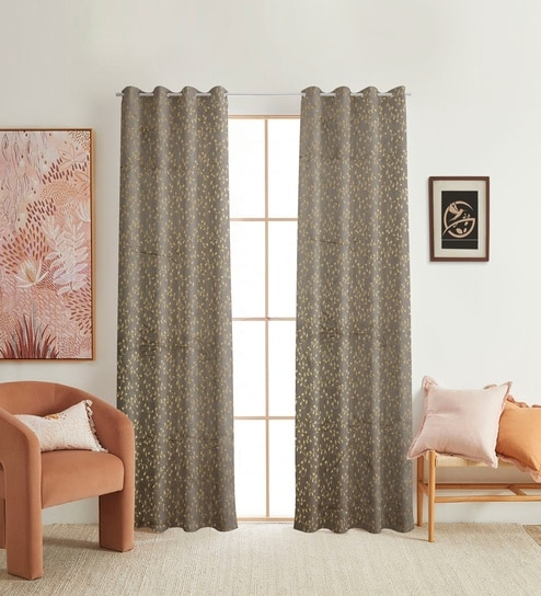 Grey Velvet Floral 9 Foot Ring Top Door Curtains Set Of 2