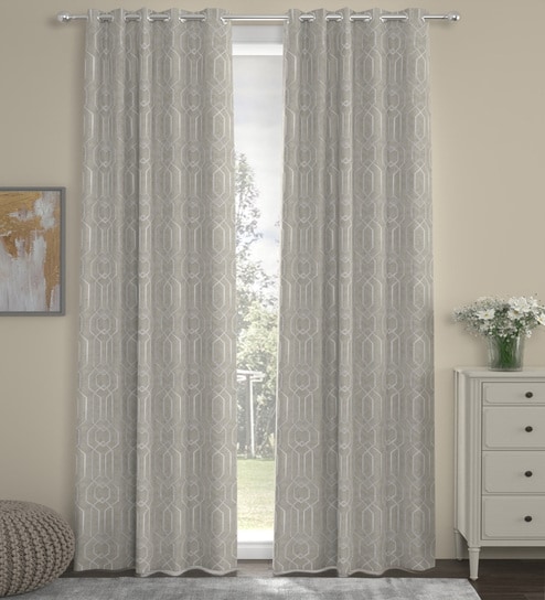 Grey Velvet foil print 9ft Regular Eyelet Long Door Curtains (2 Pc)