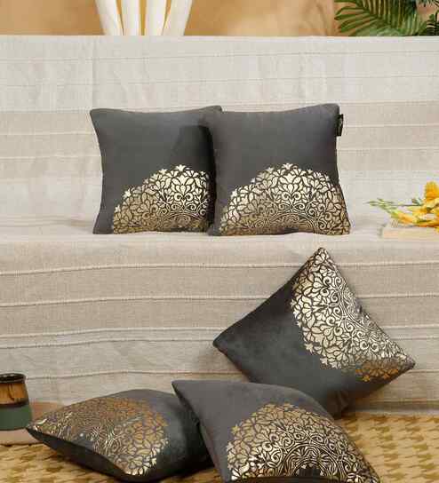 Grey Velvet Geometric 12X12 Inches Cushion Covers (Pack of 5)