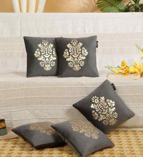 Grey Velvet Geometric 12X12 Inches Cushion Covers (Pack of 5)