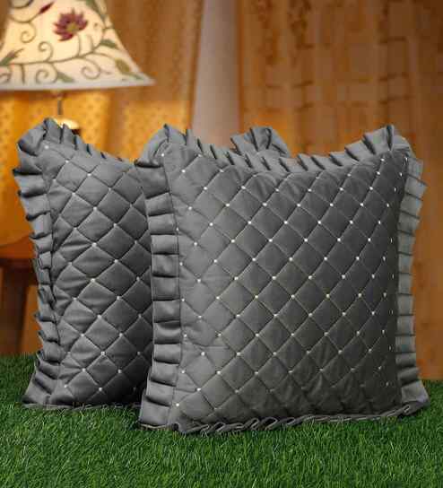Grey Velvet Geometric 16X16 Inches Cushion Covers (Pack of 2)