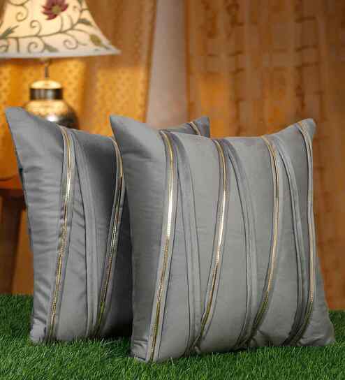 Grey Velvet Striped 16X16 Inches Cushion Covers (Pack of 2)