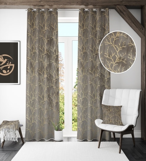 Grey Velvet Tree Branch  7 Foot Ring Top Door Curtain