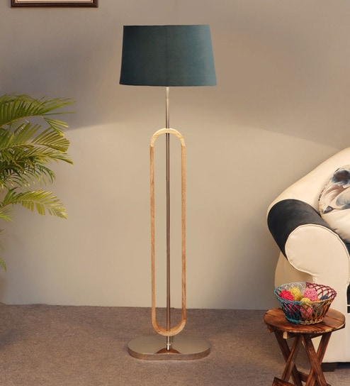 Grey Cloth Shade Club Floor Lamp With Wood & Iron Base