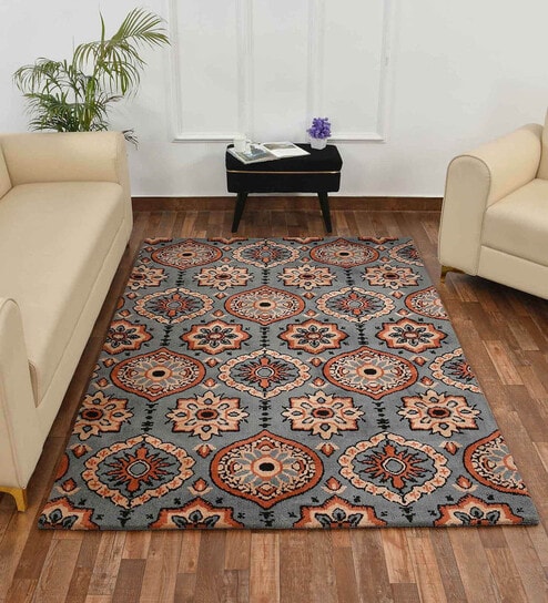 Grey Vintage Polyester 5 x 7 Feet Machine Made Carpet