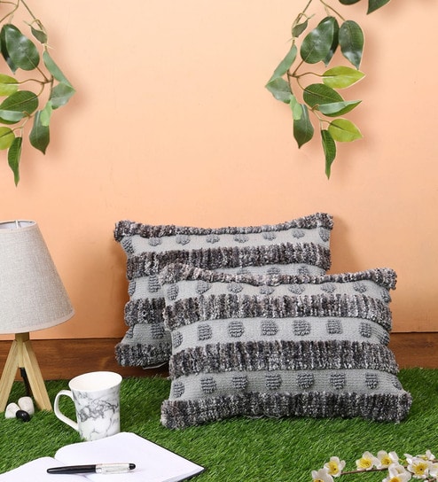 Grey Wool Tufted Polka Dots 30x46 inches Cushion Covers Set of 2