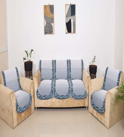 GreyBlue 5 Seater Floral 10Pcs Sofa Covers