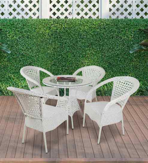 Griffith Wicker Table And Chair (With 4 Chair) Set In White Finish