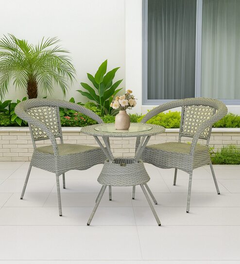 Griffith Wicker Table And Chair Set In White And Black Dual Tone Finish