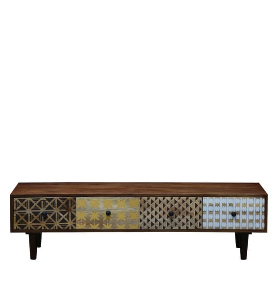 Buy Graham Solid Wood Coffee Table In Teak Finish Screen Print By Bohemiana Online Industrial Rectangular Coffee Tables Tables Furniture Pepperfry Product