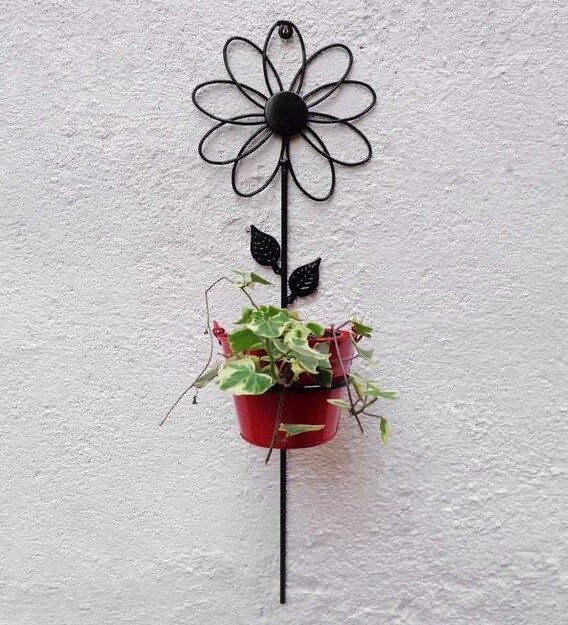 Buy Sun Flower Iron Wall Bracket With Red Color Bucket By Green